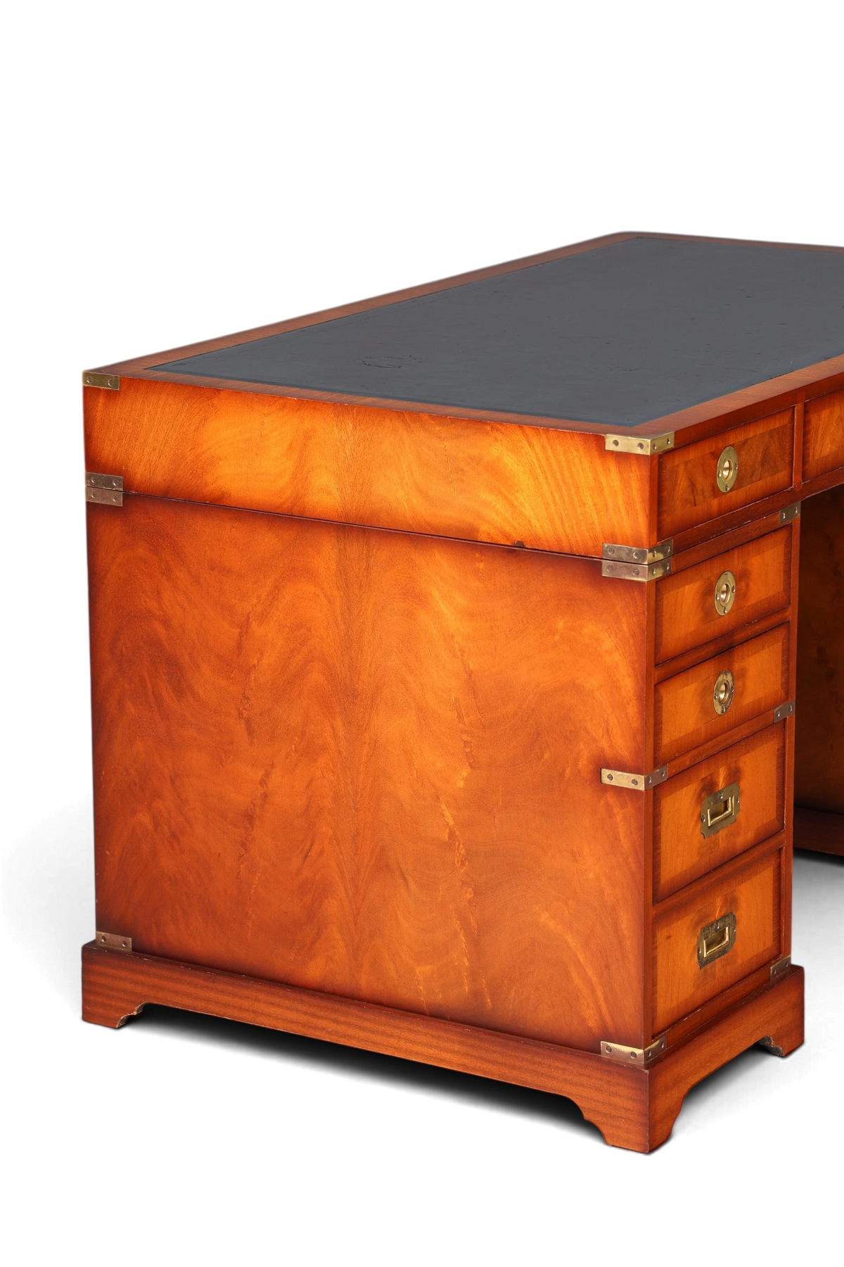 Hauptstadt Möblerei maritimer Military Chest Schreibtisch aus Holz mit schwarzer Lederauflage und Messingbeschlägen