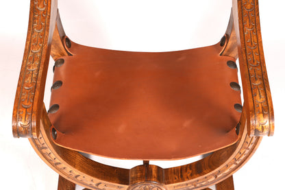 Wunderschöner Gründerzeit Stuhl Armlehnstuhl Antik Ritterstuhl Echt Leder Schreibtisch Scherenstuhl Sekretär Stuhl