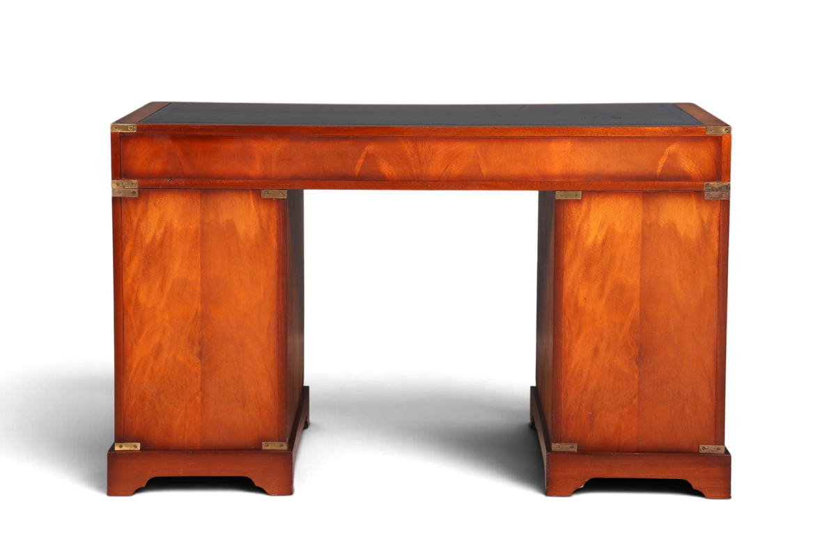 Hauptstadt Möblerei maritimer Military-Chest-Schreibtisch aus Holz mit schwarzer Lederauflage und Messing-Beschlägen
