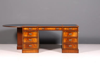 Wunderschöner Original Heldense Schreibtisch Mahagoni Echt Lederauflage Englisch Antik Stil Chefschreibtisch Partner Desk Bürotisch mit Besprechungsansatz