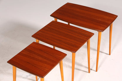 Filigranes Mid Century Tisch Set Couchtisch Teak Holz 3er Satz Ablagetisch Beistelltisch