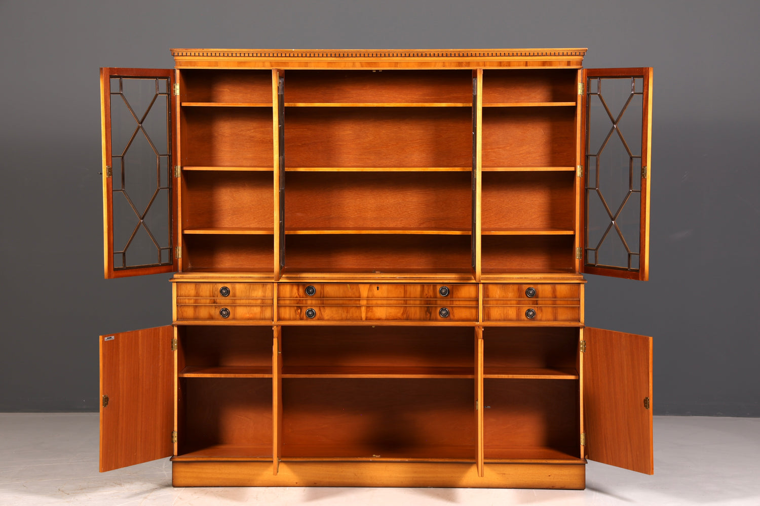 Beeindruckender Englischer Vitrinenschrank Echt Holz Sekretär Bibliothek Bücherschrank Buffet Antik Vintage