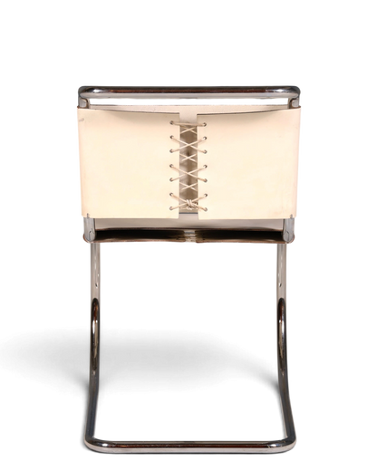 Hauptstadt Möblerei Knoll International MR Chair Freischwinger mit weißem Leder und Schnürung, Rückansicht