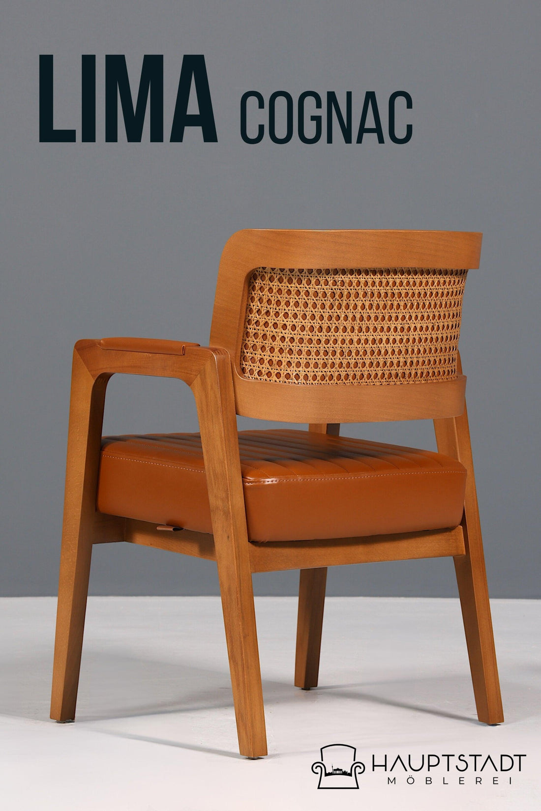 Edler Armlehnstuhl "LIMA" Cognac Esszimmerstuhl mit Korbgeflecht Polsterstuhl Armlehnstuhl Sekretär Stuhl