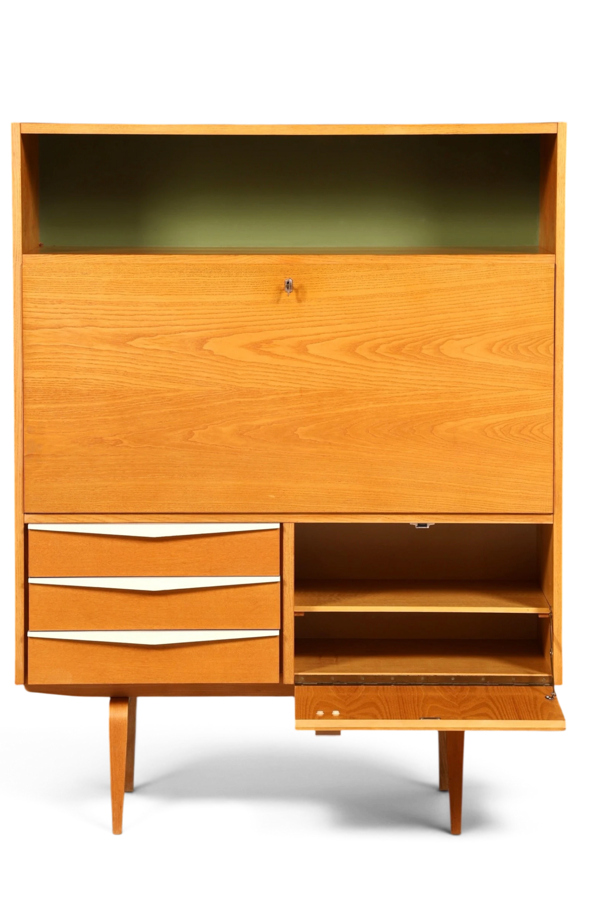 Hauptstadt Möblerei Hellerau Sekretär Modell 427 aus Eschenholz im Mid-Century-Design mit ausklappbarer Schreibfläche
