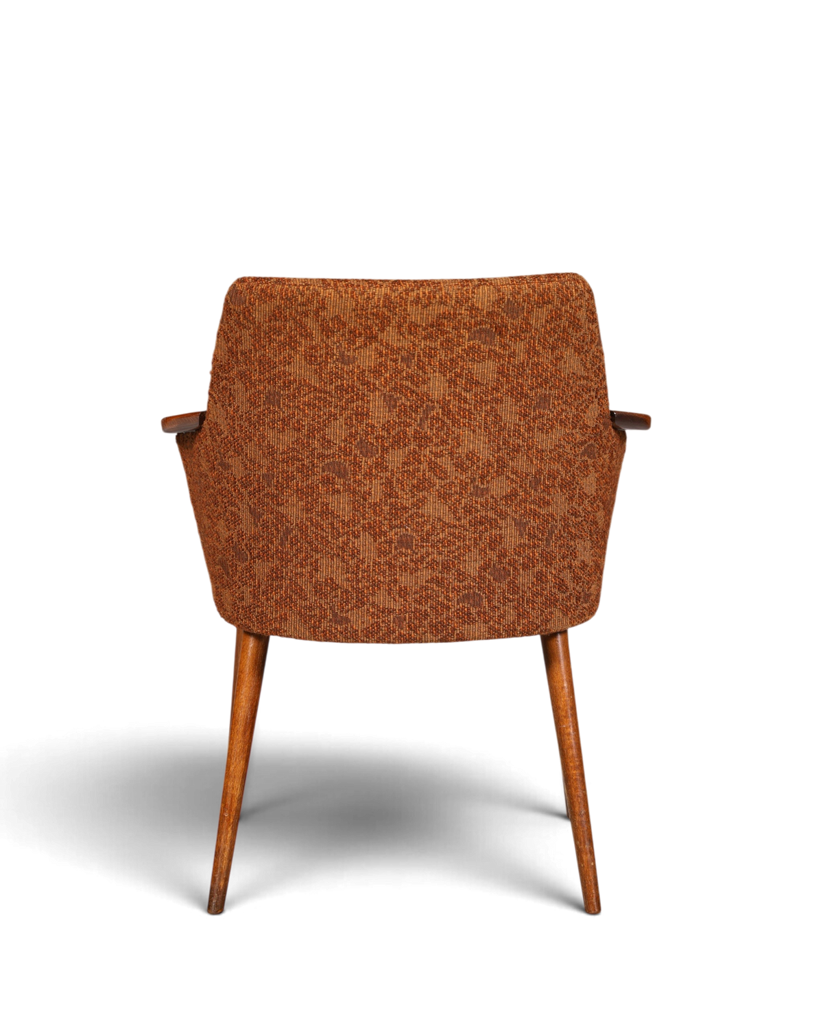 Hauptstadt Möblerei Mid Century Armlehnstuhl mit braunem strukturiertem Stoffbezug und konischen Holzbeinen, Rückansicht