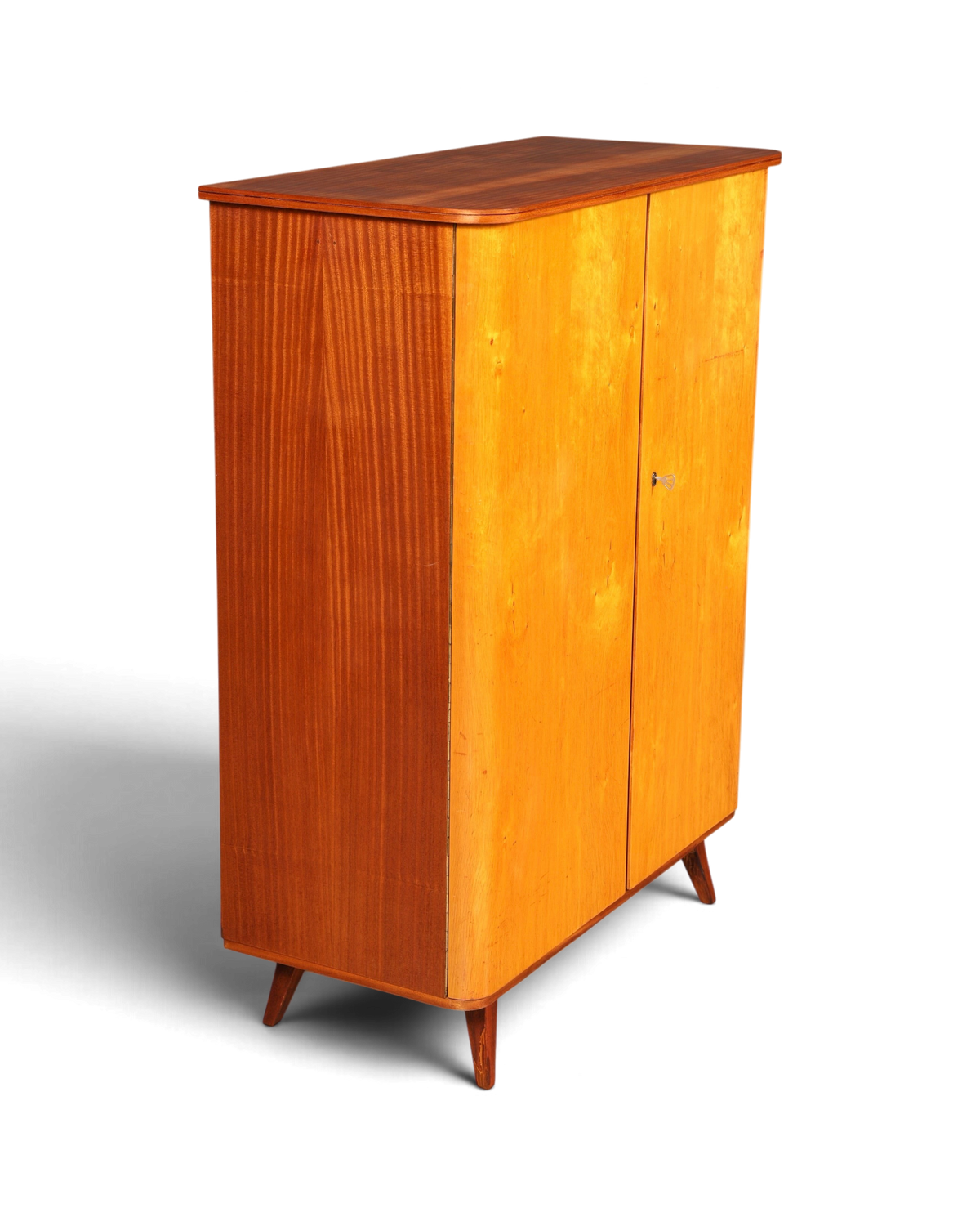 Hauptstadt Möblerei 60er Jahre Mid Century Schrank aus Holz mit zwei Türen und konischen Beinen im Vintage-Stil