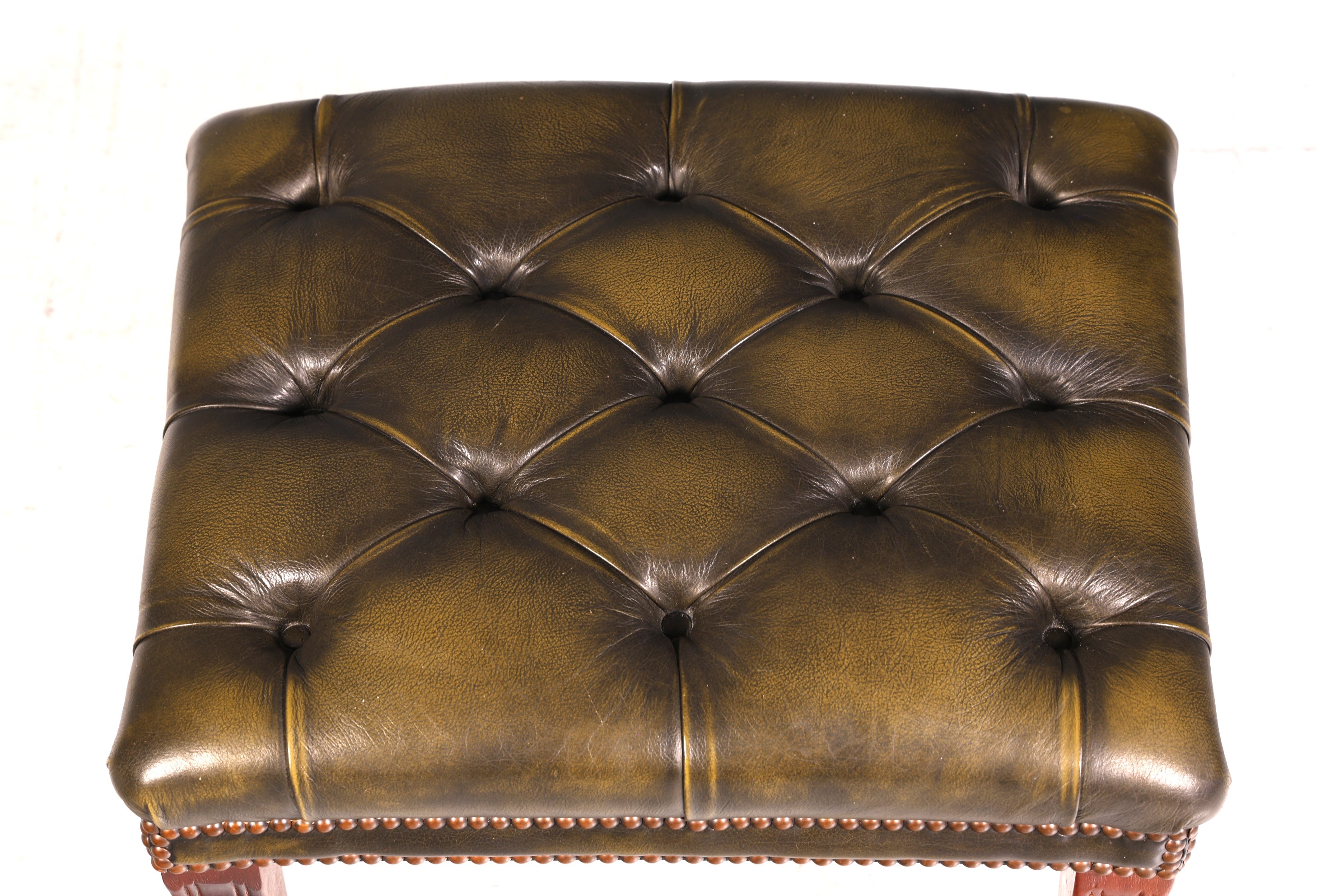Originaler Chesterfield Hocker Echt Leder Grün Englischer Fußhocker UK