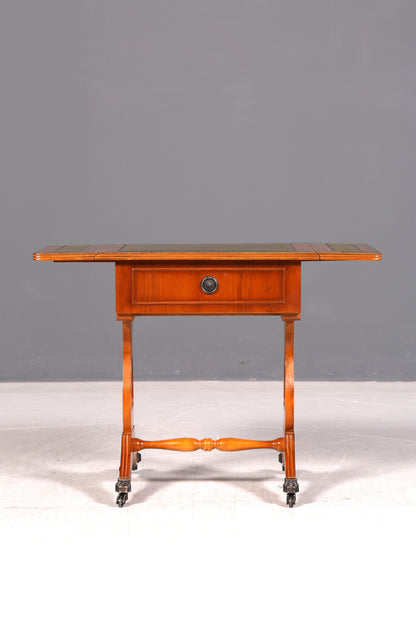 Edler Englischer Klapptisch Beistelltisch Eibe Echt Lederauflage Antik Ablagetisch Vintage Rolltisch Wohnzimmer