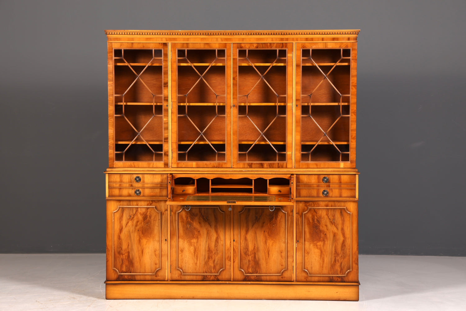Beeindruckender Englischer Vitrinenschrank Echt Holz Sekretär Bibliothek Bücherschrank Buffet Antik Vintage