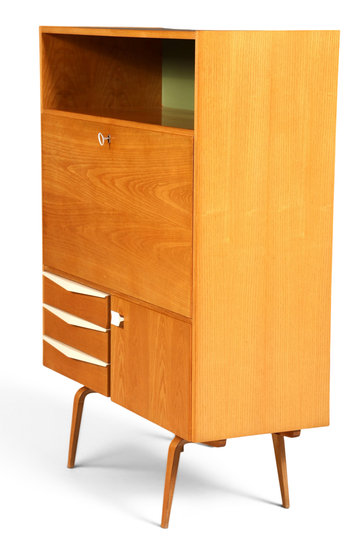 Hauptstadt Möblerei Hellerau Sekretär Modell 427 aus Eschenholz im Mid-Century-Design mit ausklappbarer Schreibfläche