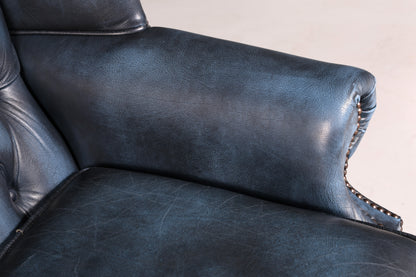 Beautiful original Chesterfield three-seater sofa, Queen Anne, blue English leather couch, England upholstered sofa