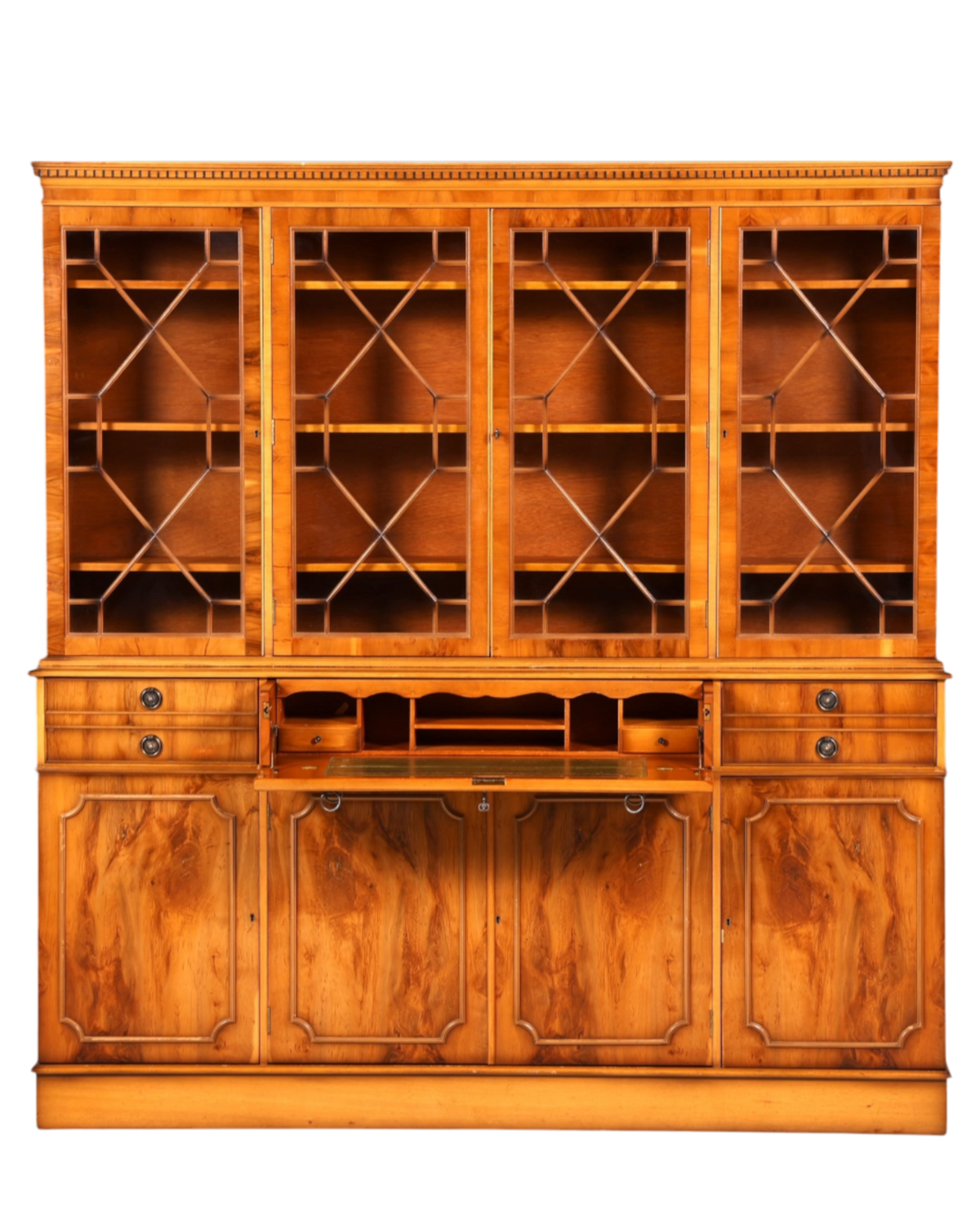 Hauptstadt Möblerei englischer Vitrinenschrank aus massivem Holz mit Sekretär, Glasfronten und Leder-Schreibfläche
