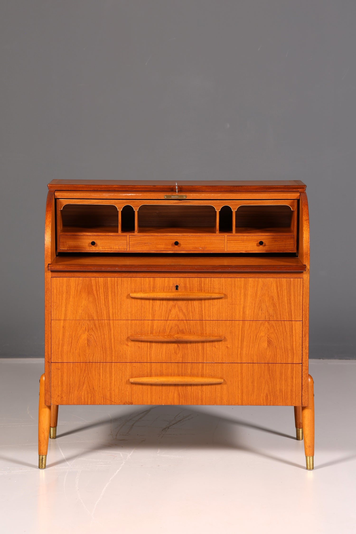 Beautiful mid-century roll-top writing bureau, desk, office cabinet, vintage 1960s wood