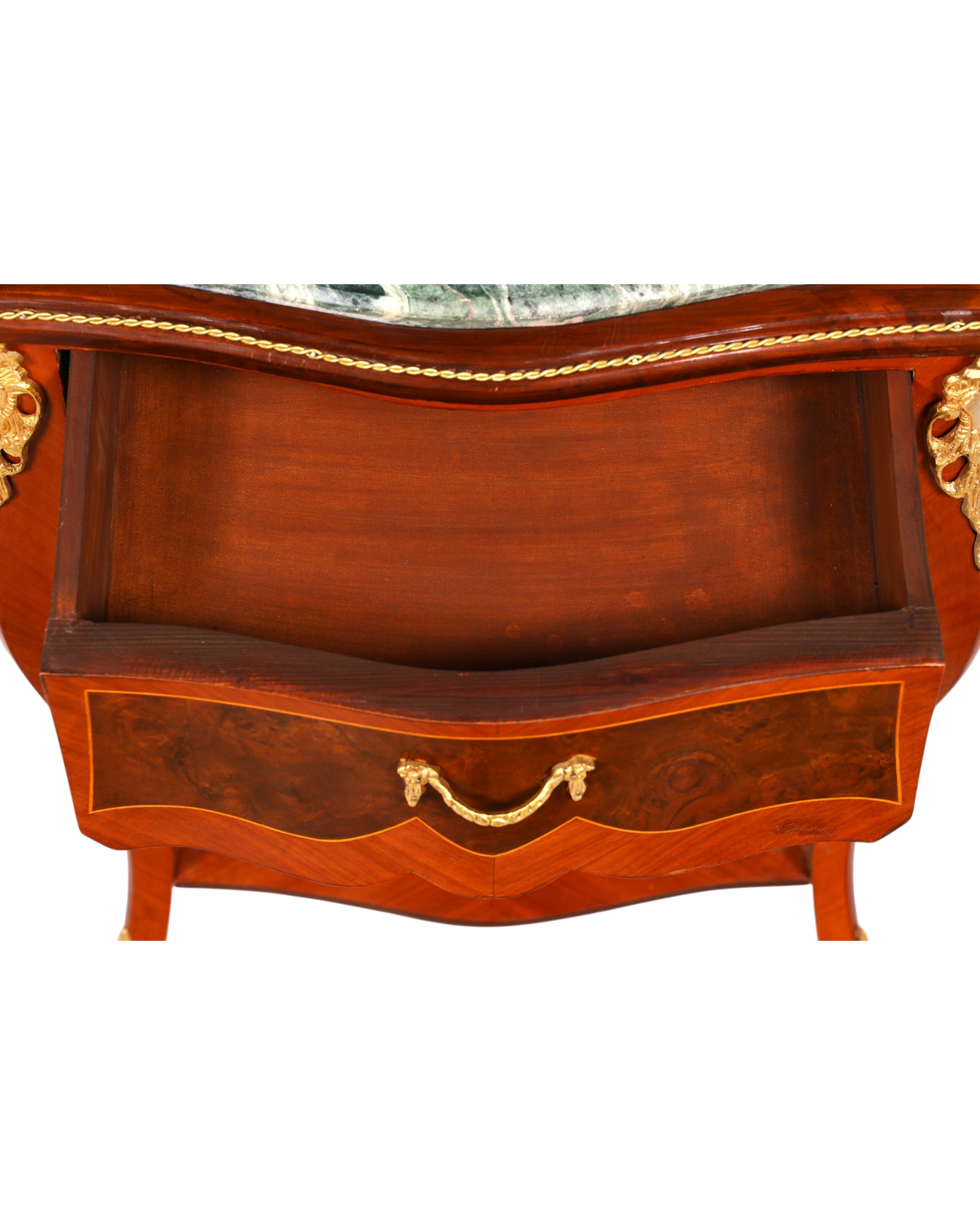 Hauptstadt Möblerei Louis XV Beistelltisch aus Holz mit Marmorplatte, Messingbeschlägen und offener Schublade