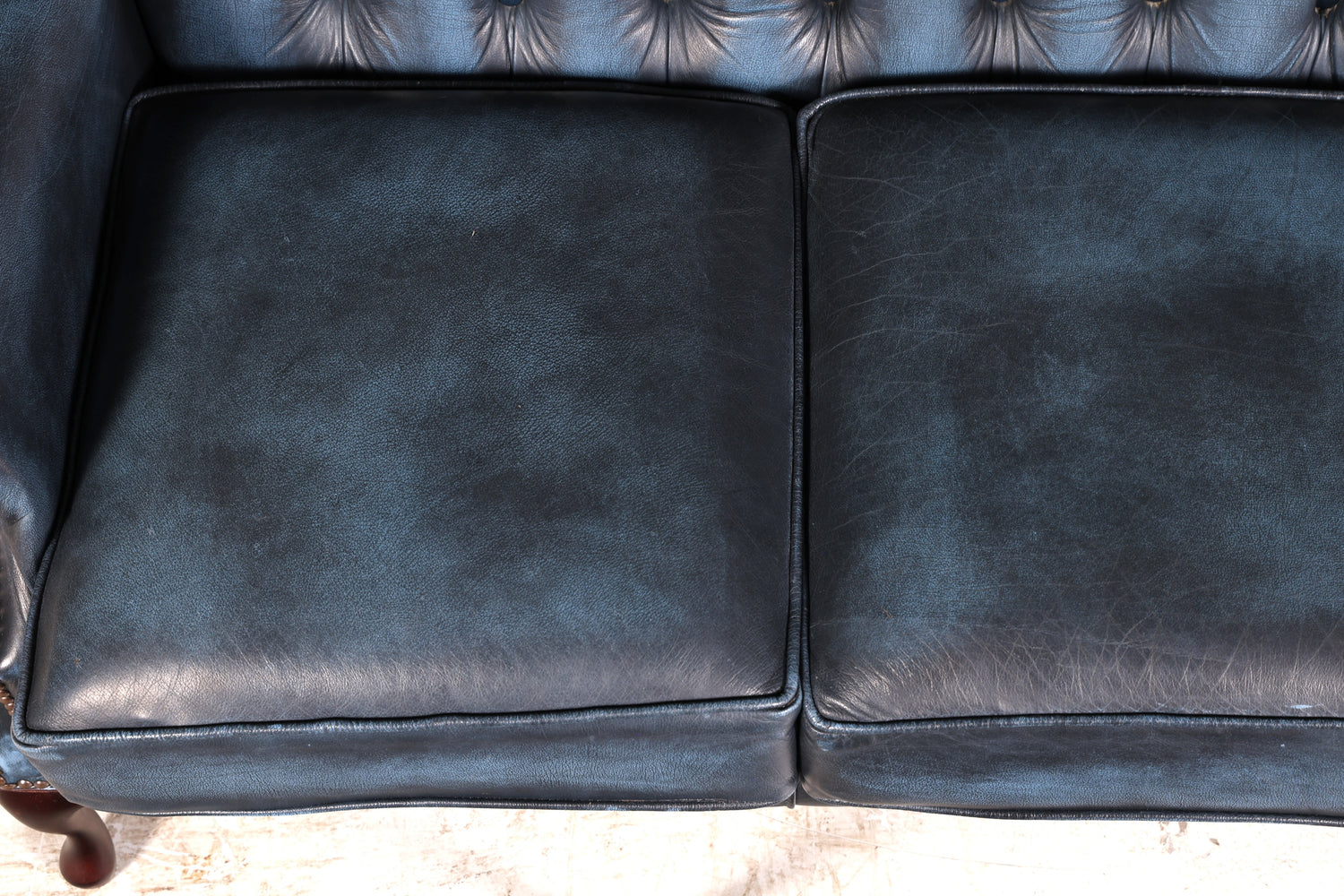 Beautiful original Chesterfield three-seater sofa, Queen Anne, blue English leather couch, England upholstered sofa