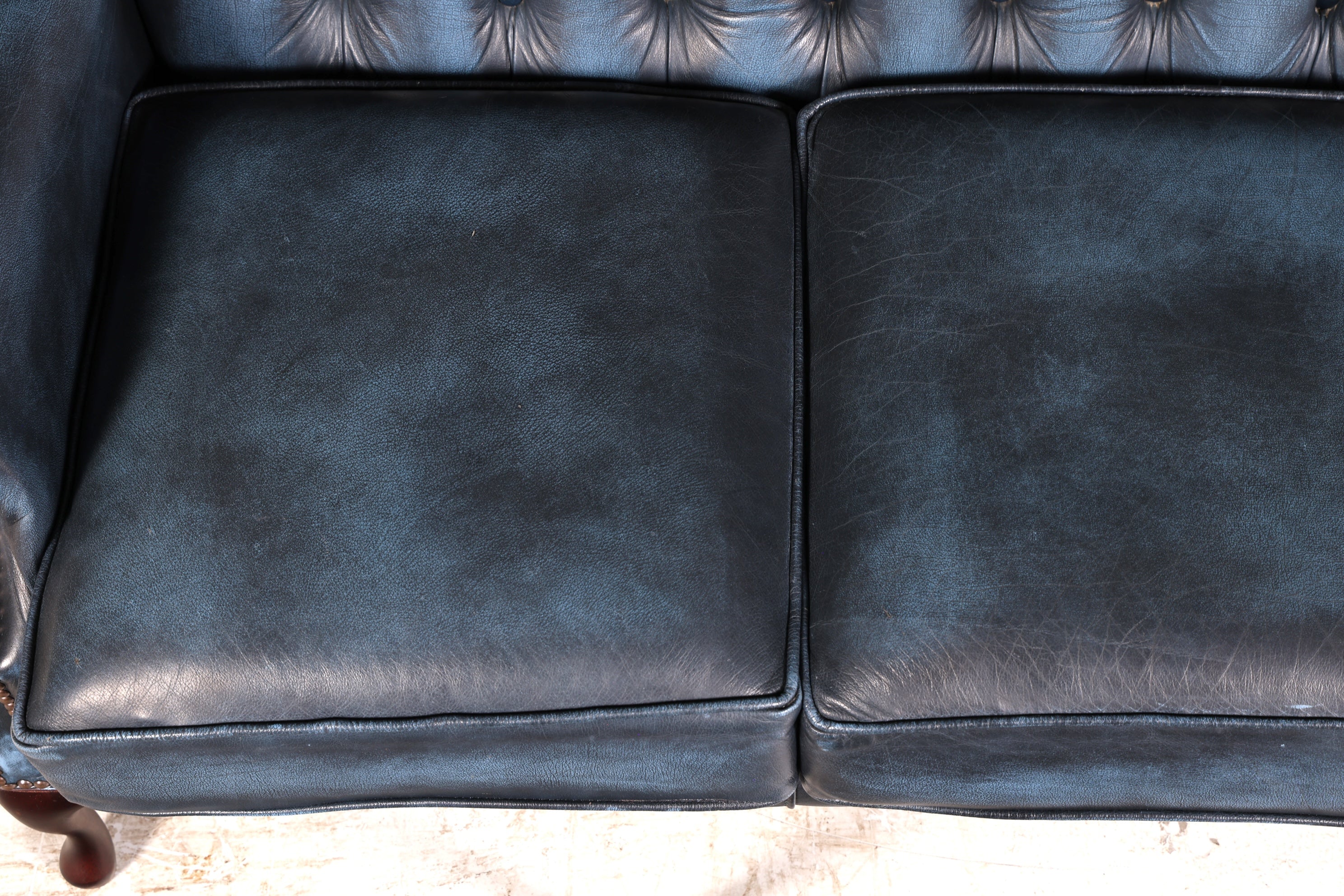 Beautiful original Chesterfield three-seater sofa, Queen Anne, blue English leather couch, England upholstered sofa