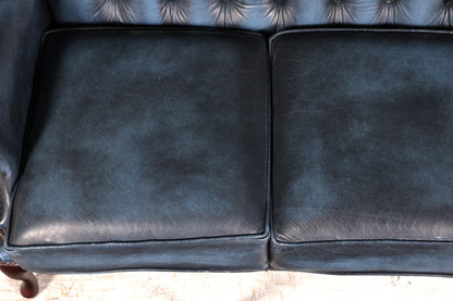 Beautiful original Chesterfield three-seater sofa, Queen Anne, blue English leather couch, England upholstered sofa