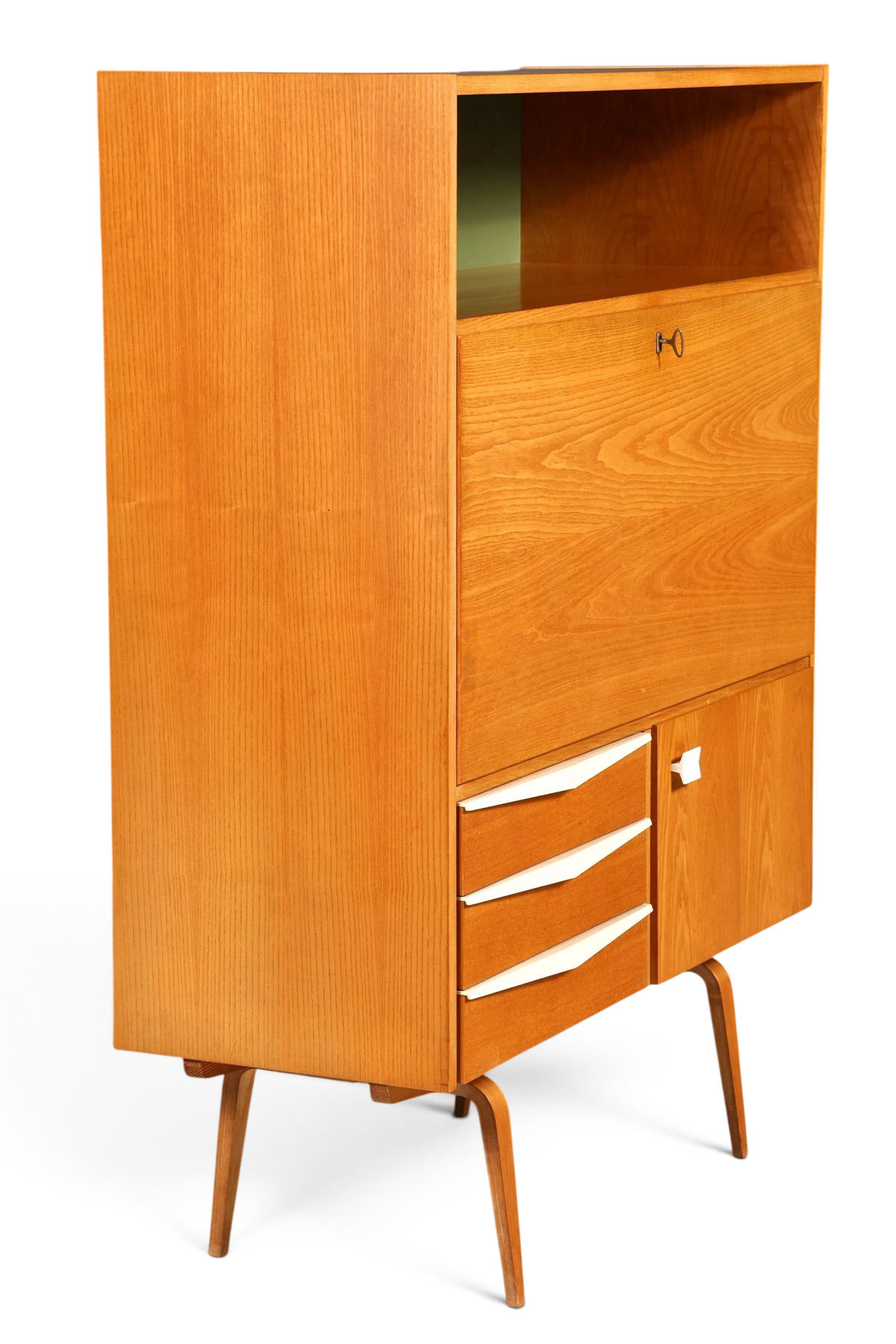 Hauptstadt Möblerei Hellerau Sekretär Modell 427 aus Eschenholz im Mid-Century Design mit ausklappbarer Schreibfläche