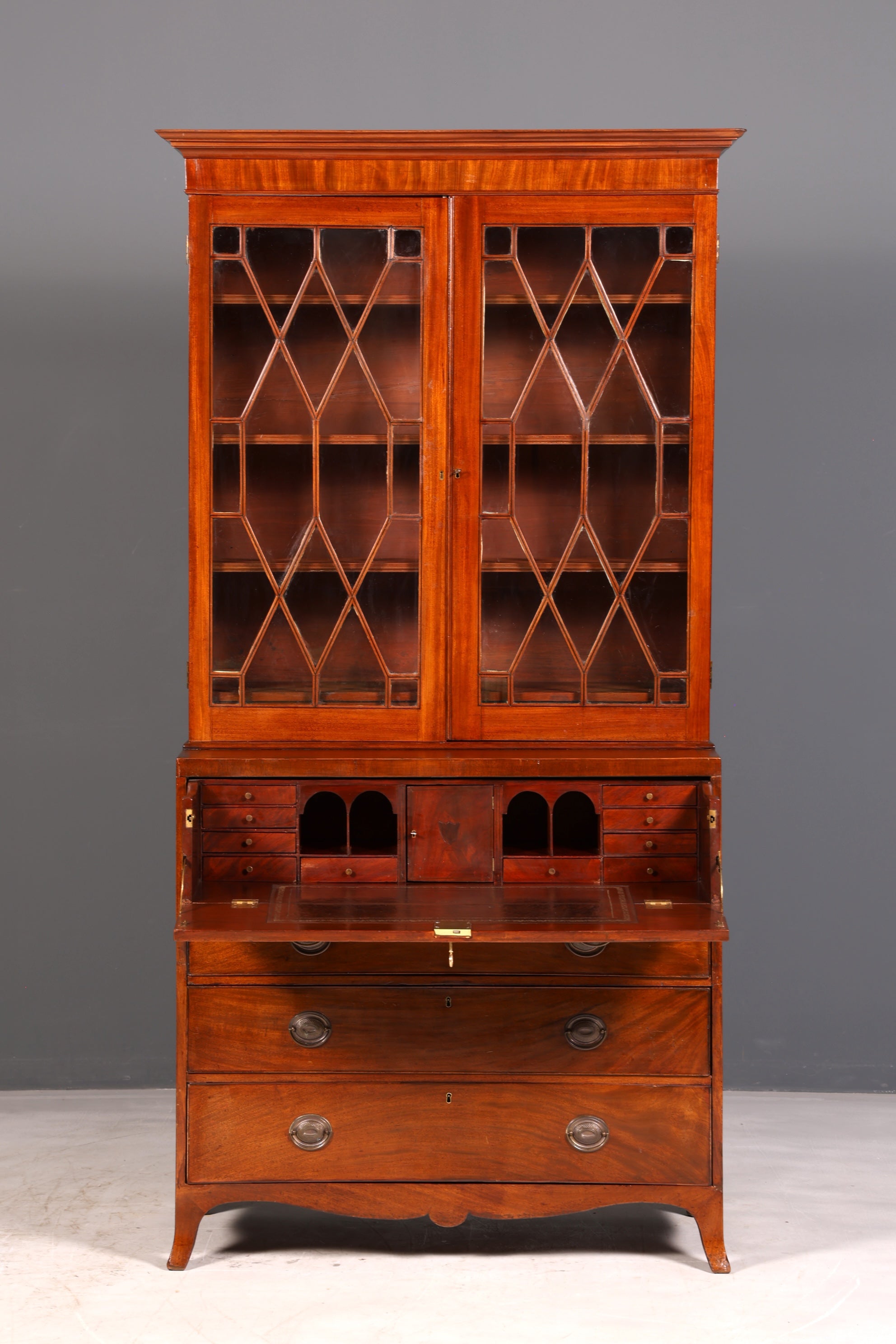 Beautiful antique English secretary desk with hutch, bookcase, display cabinet, mahogany office writing cabinet, UK