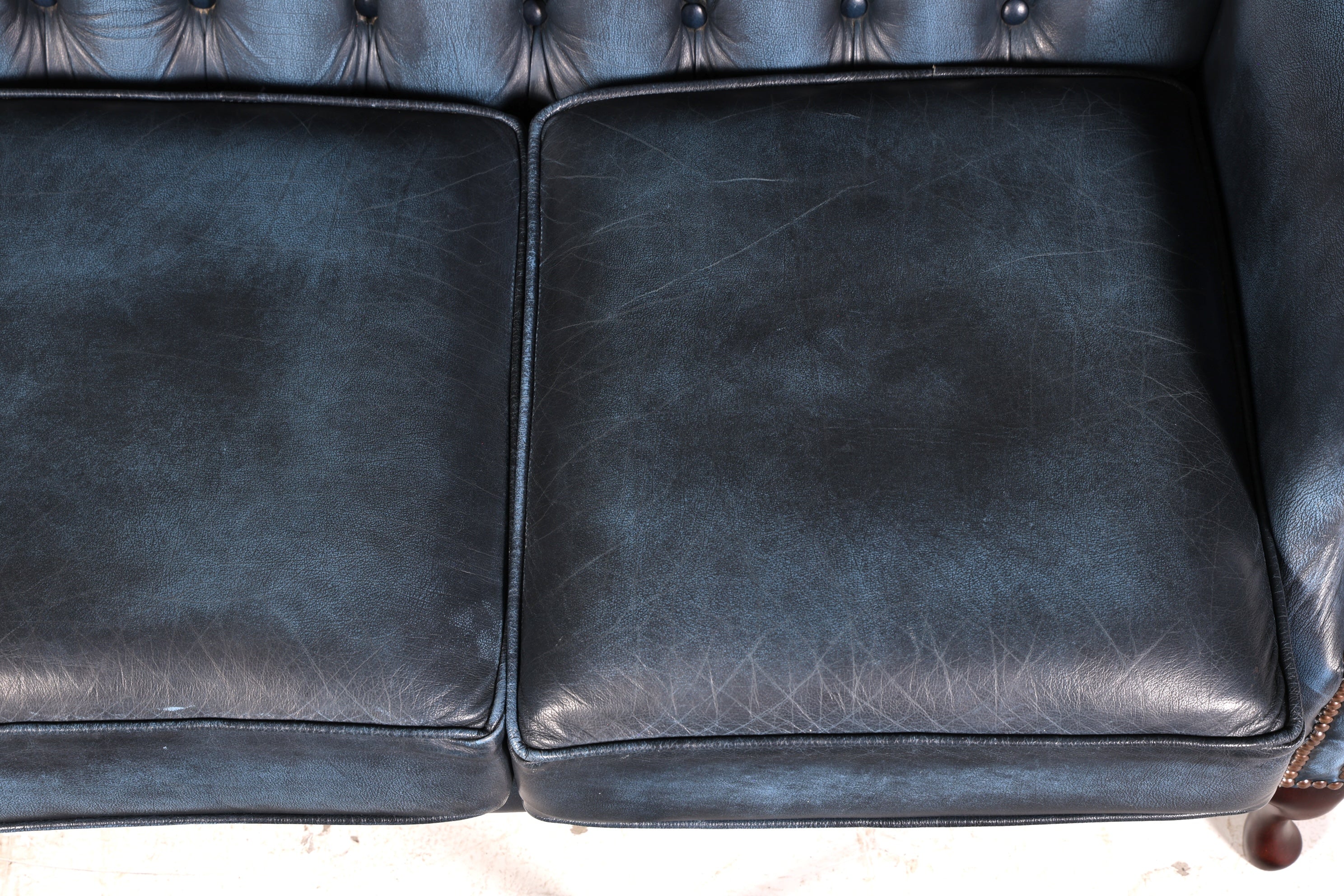 Beautiful original Chesterfield three-seater sofa, Queen Anne, blue English leather couch, England upholstered sofa