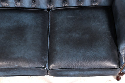 Beautiful original Chesterfield three-seater sofa, Queen Anne, blue English leather couch, England upholstered sofa