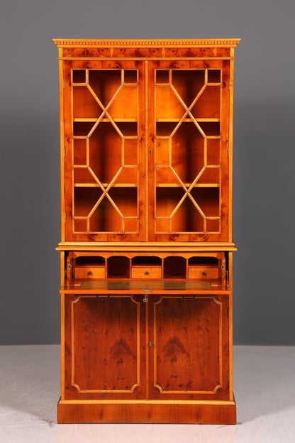 Edler Englischer Sekretär Vitrine Eibe Aufsatzsekretär Schreibschrank Glasvitrine Bücherschrank Antik Vintage