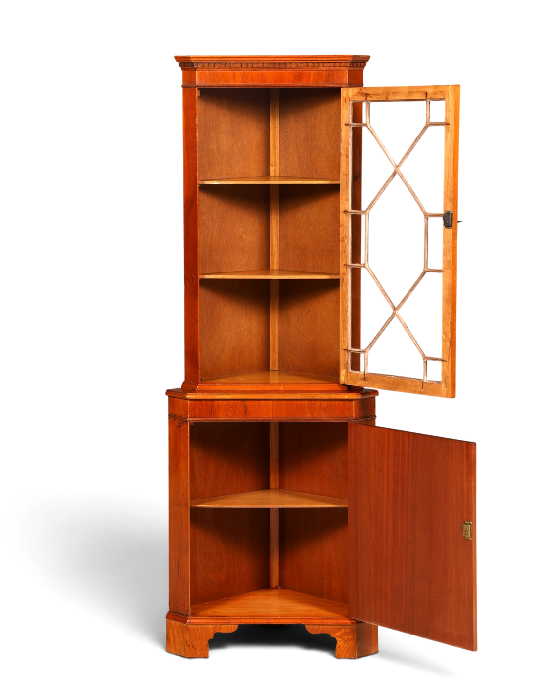Hauptstadt Möblerei englische Eckvitrine aus Eibenholz mit Sprossentür und zwei Ebenen im Vintage-Stil