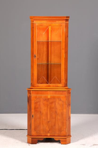 Wunderschöne Englische Eckvitrine Eibe Eckschrank Glasvitrine Vitrine mit Beleuchtung Antik Echt Holz Vintage