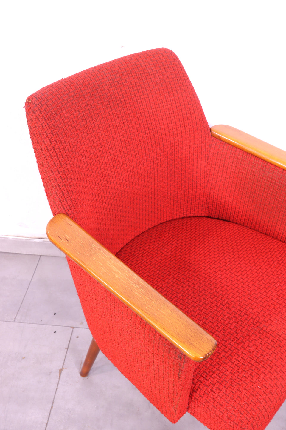 Wunderschöner Mid Century Armlehnsessel Vintage Cocktail Stuhl Rot Stoff