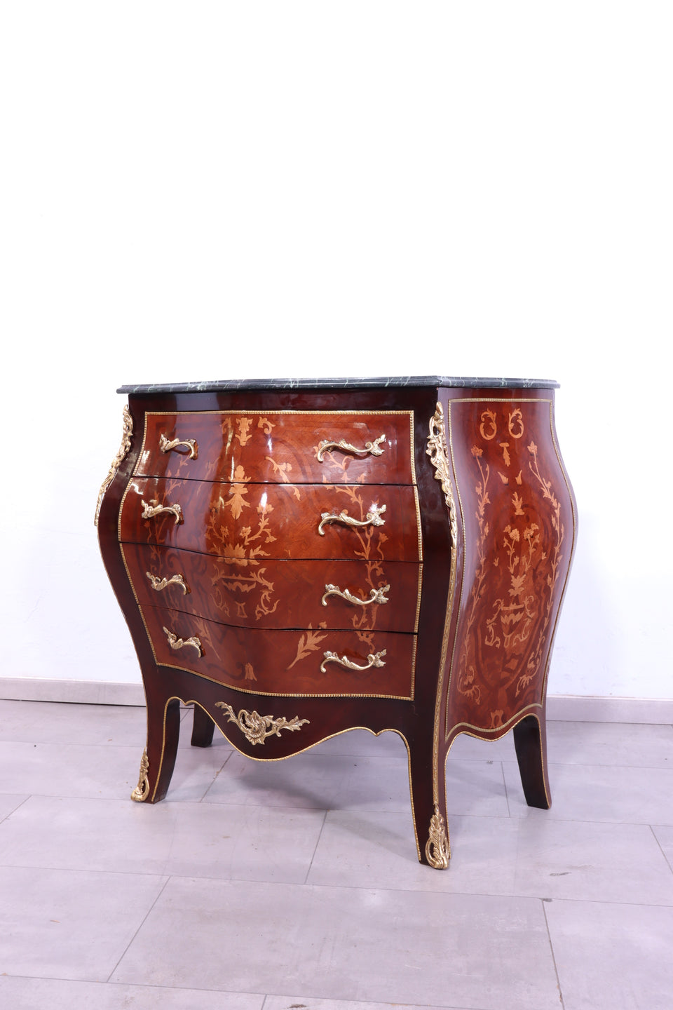 Edle Bauchige Barock Kommode Messing Grün Marmor Louis XV Antik Stil