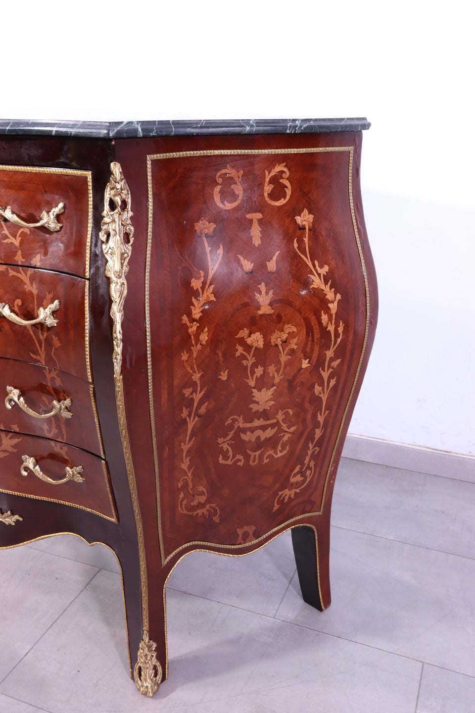 Edle Bauchige Barock Kommode Messing Grün Marmor Louis XV Antik Stil