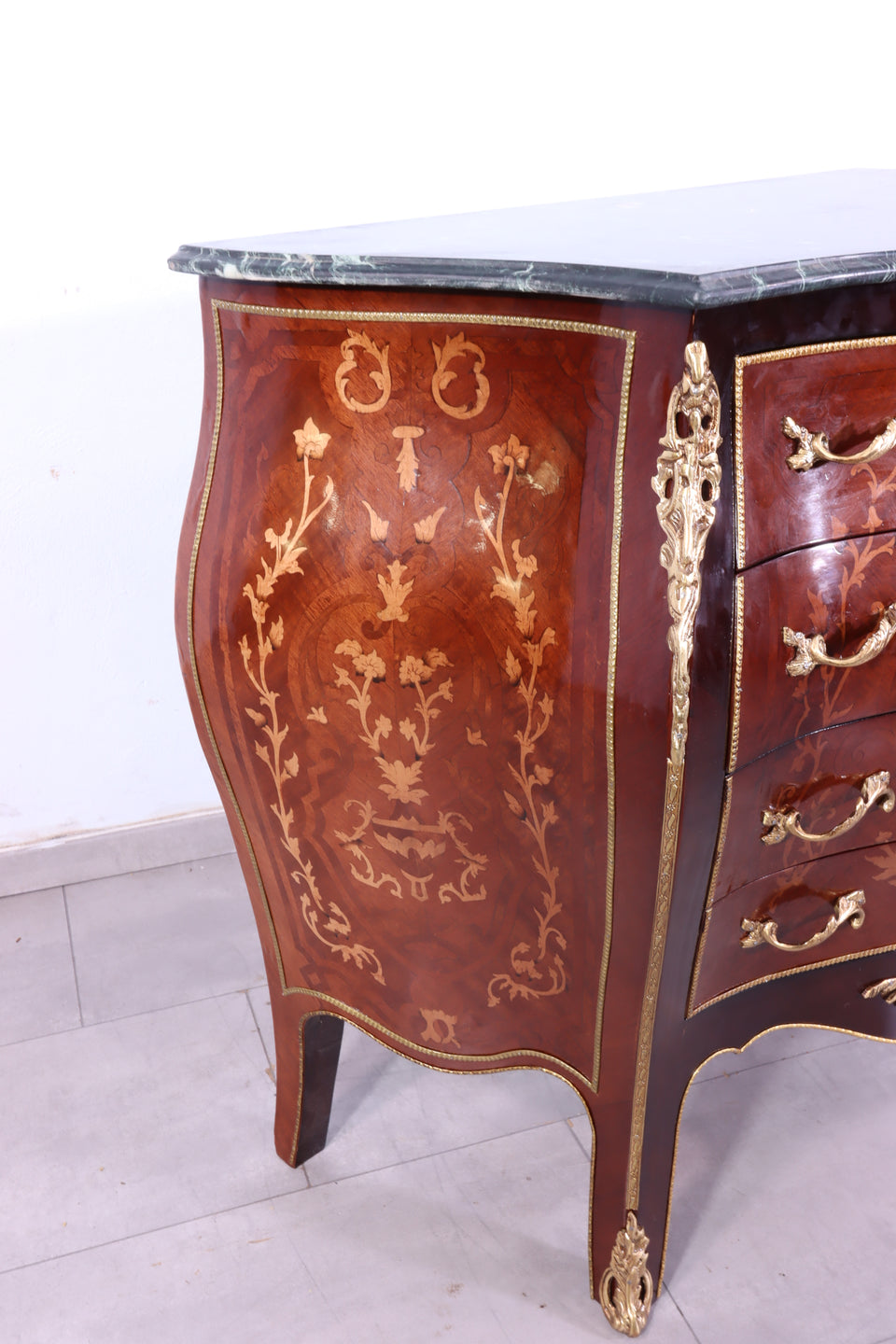 Edle Bauchige Barock Kommode Messing Grün Marmor Louis XV Antik Stil