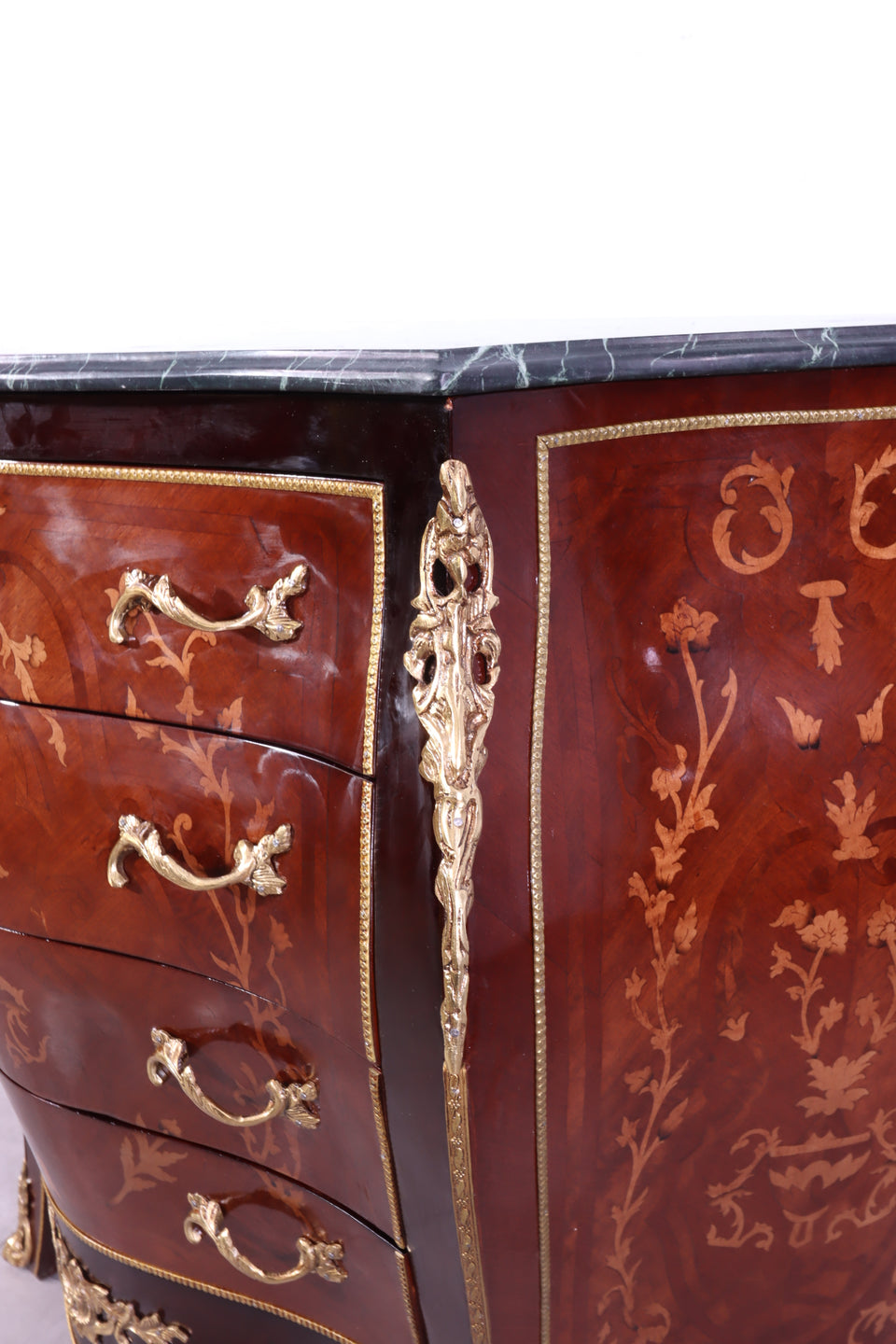 Edle Bauchige Barock Kommode Messing Grün Marmor Louis XV Antik Stil