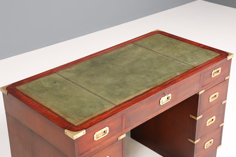 Edler Maritimer Schreibtisch Englischer Military Chest Bürotisch Office Table mit echt Lederauflage