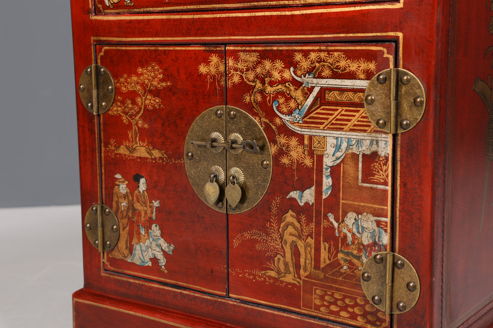 Traumhafte Chinesische Hochzeit Kommode - Roter Schrank mit Asiatischen Motiven China Nachtisch