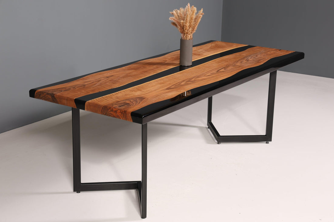Wunderschöner Epoxidharz Tisch 220-90 cm Epoxy Schwarz Nussbaum Esszimmer Tisch massiv Holz Esstisch