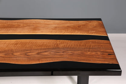 Wunderschöner Epoxidharz Tisch 220-90 cm Epoxy Schwarz Nussbaum Esszimmer Tisch massiv Holz Esstisch