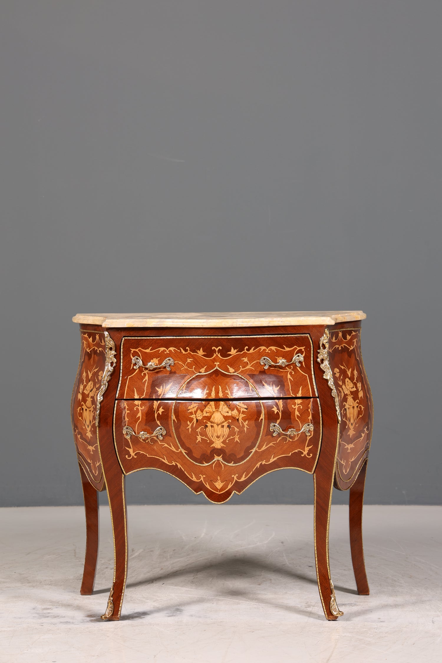 Royal Bulbous Baroque Style Chest of Drawers Brass Marble Louis XV Sideboard Antique Style