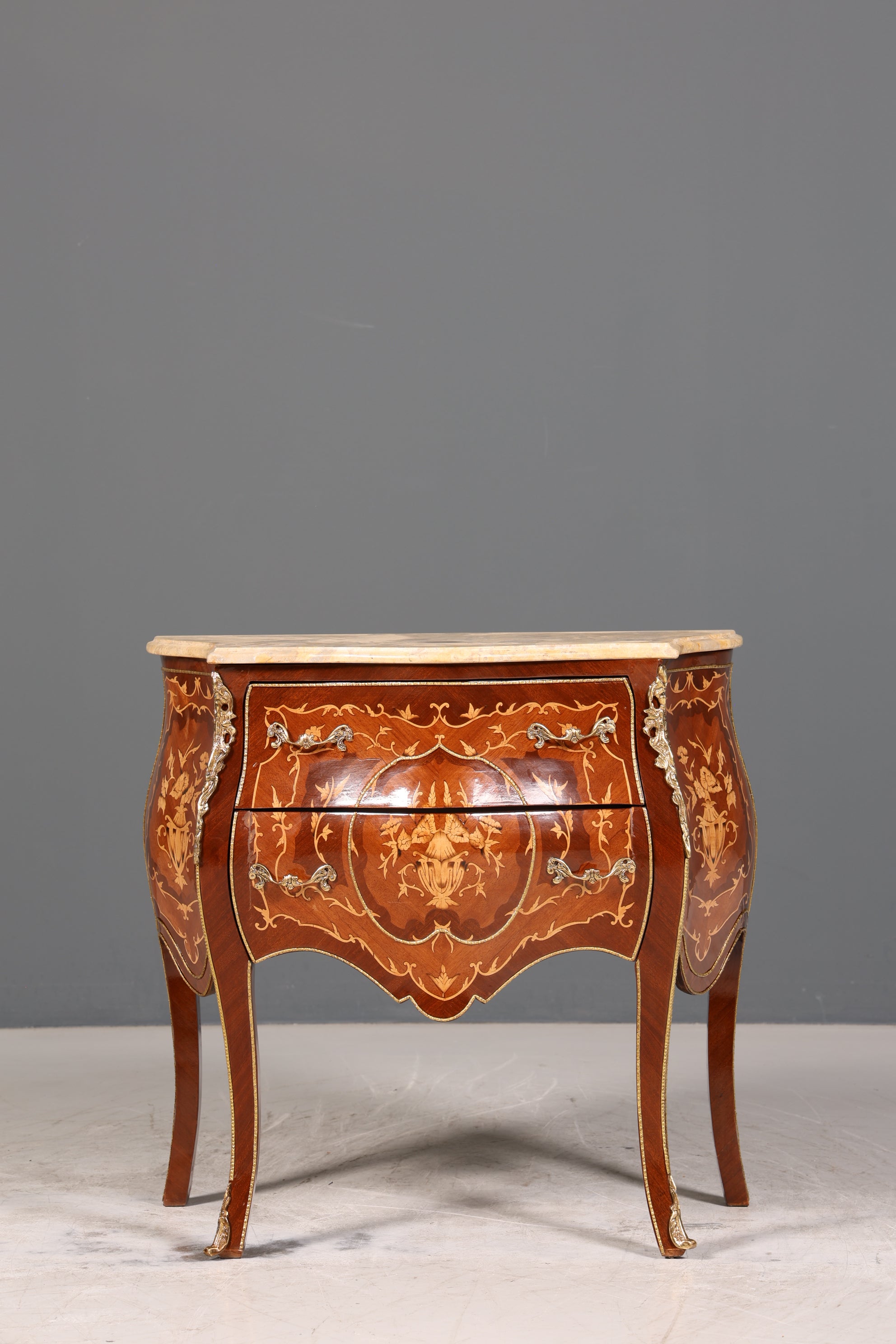 Royal Bulbous Baroque Style Chest of Drawers Brass Marble Louis XV Sideboard Antique Style
