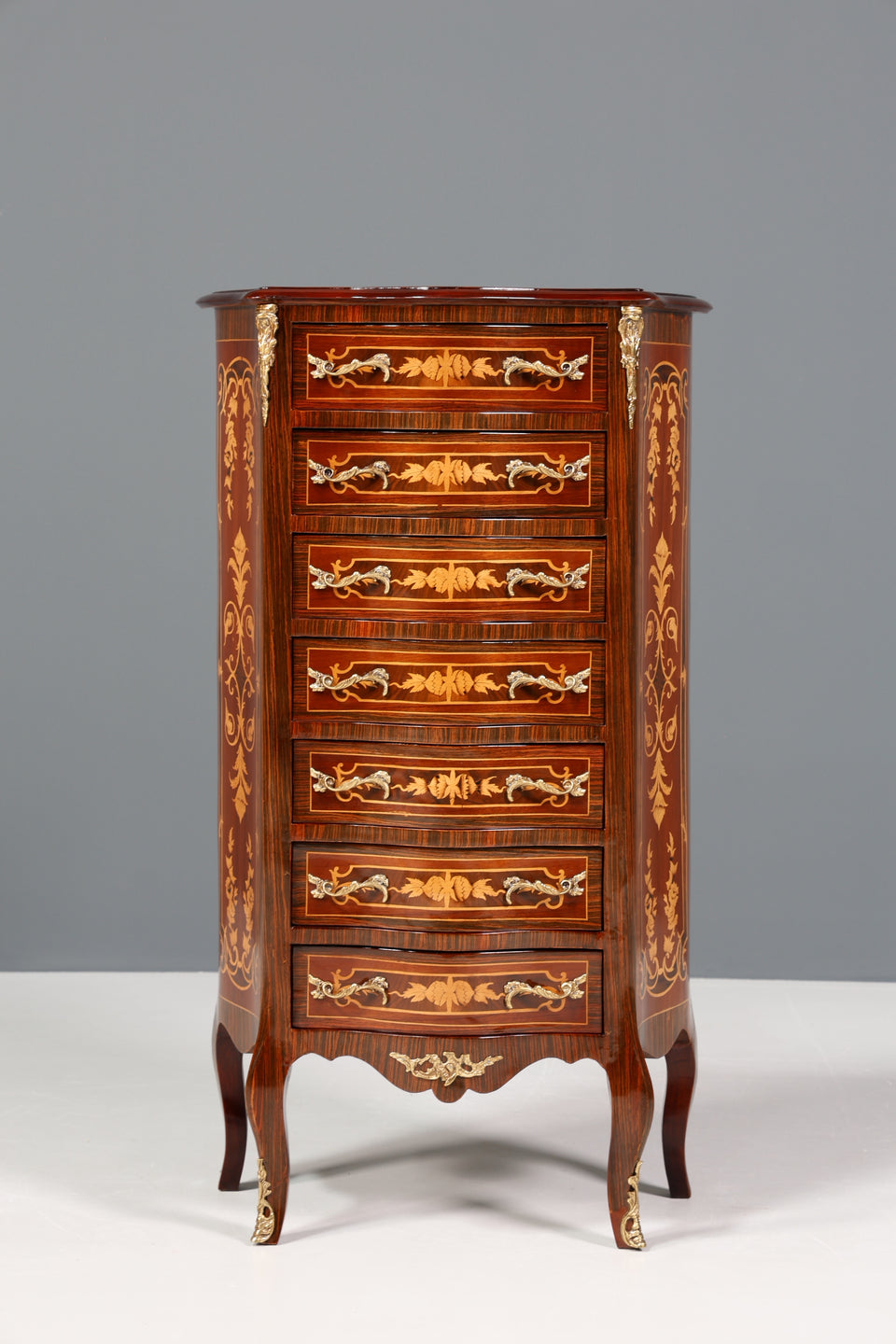 Edler Barock Stil Louis XV Highboard Intarsien Vertiko Kommode