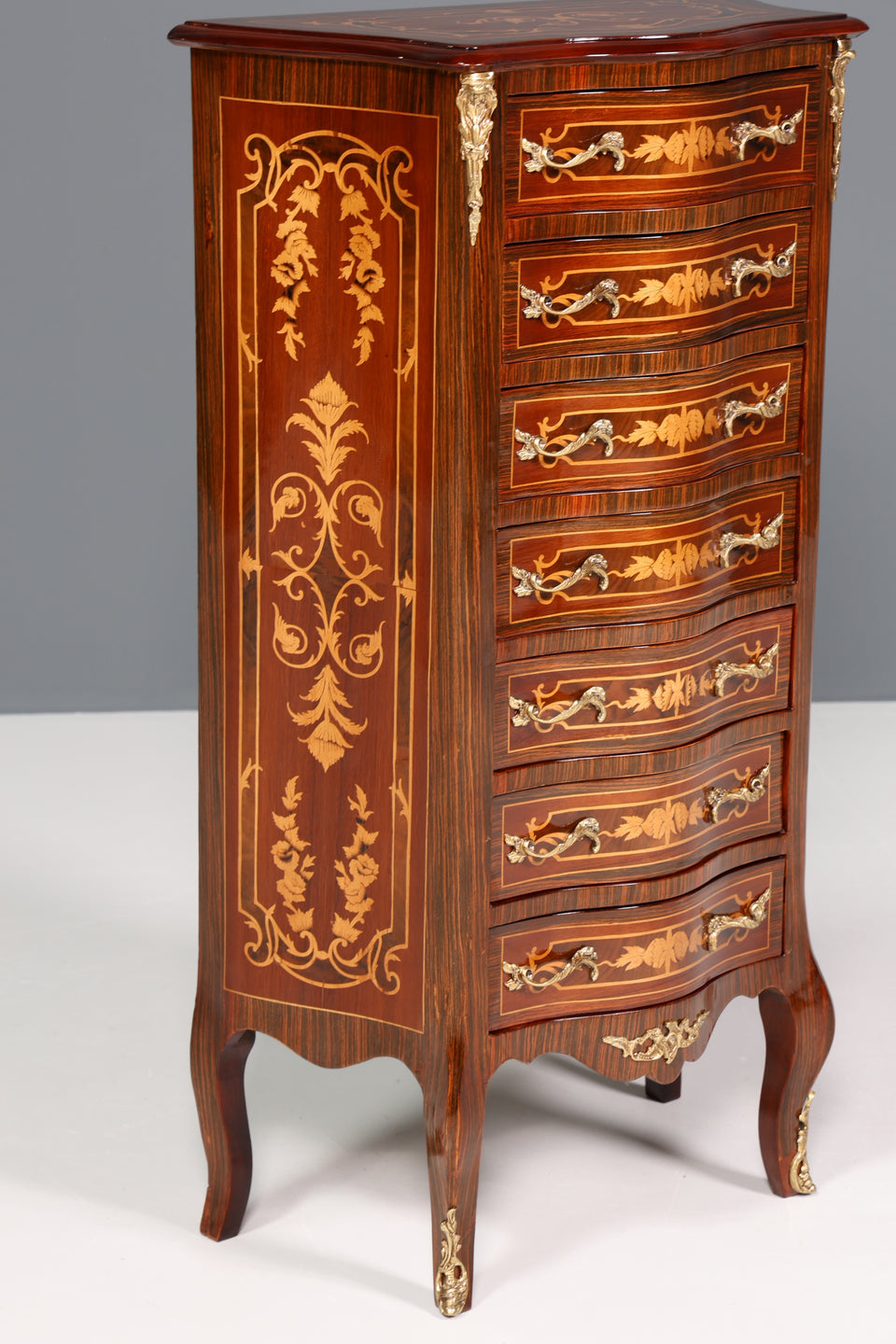 Edler Barock Stil Louis XV Highboard Intarsien Vertiko Kommode
