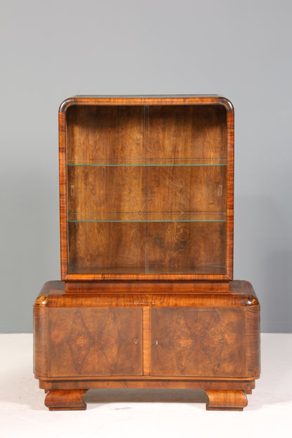 Wunderschöne Art Deco Vitrine Nussbaum Vitrine massiv Holz Antik Schrank Geschirrschrank