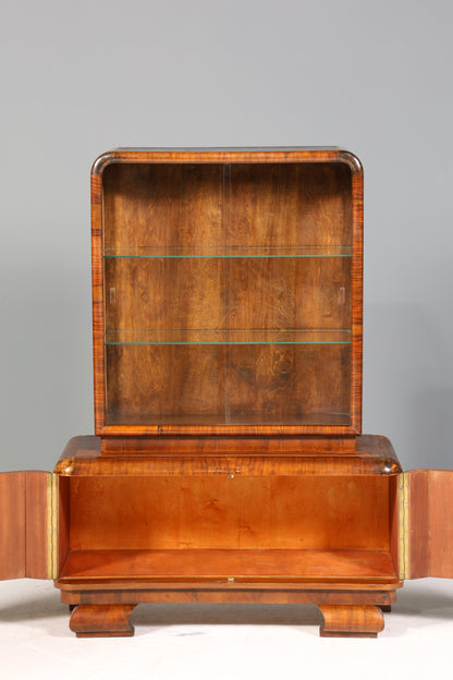 Wunderschöne Art Deco Vitrine Nussbaum Vitrine massiv Holz Antik Schrank Geschirrschrank