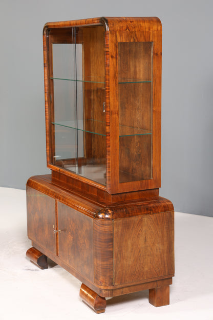 Wunderschöne Art Deco Vitrine Nussbaum Vitrine massiv Holz Antik Schrank Geschirrschrank