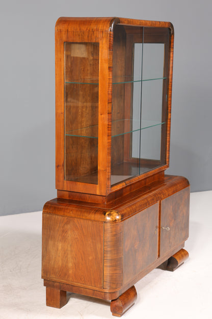 Wunderschöne Art Deco Vitrine Nussbaum Vitrine massiv Holz Antik Schrank Geschirrschrank