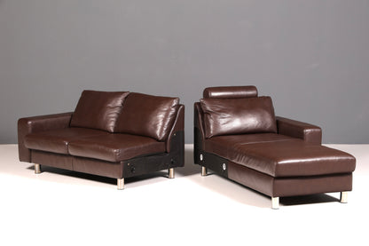 Beautiful Stressless E200 corner sofa in genuine brown leather with chaise longue, footstool, and vintage leather upholstery.