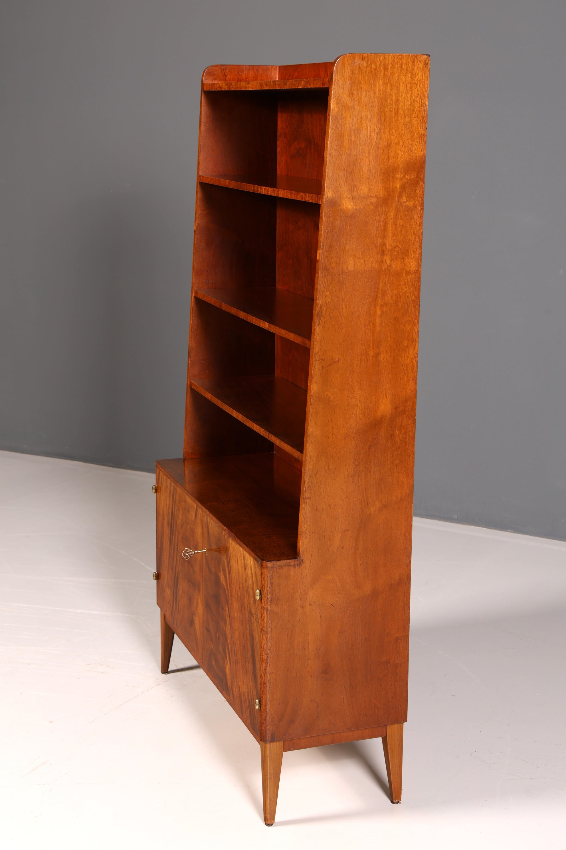 Simple mid-century bookcase, Danish design shelving cabinet, walnut, vintage retro 1960s wood