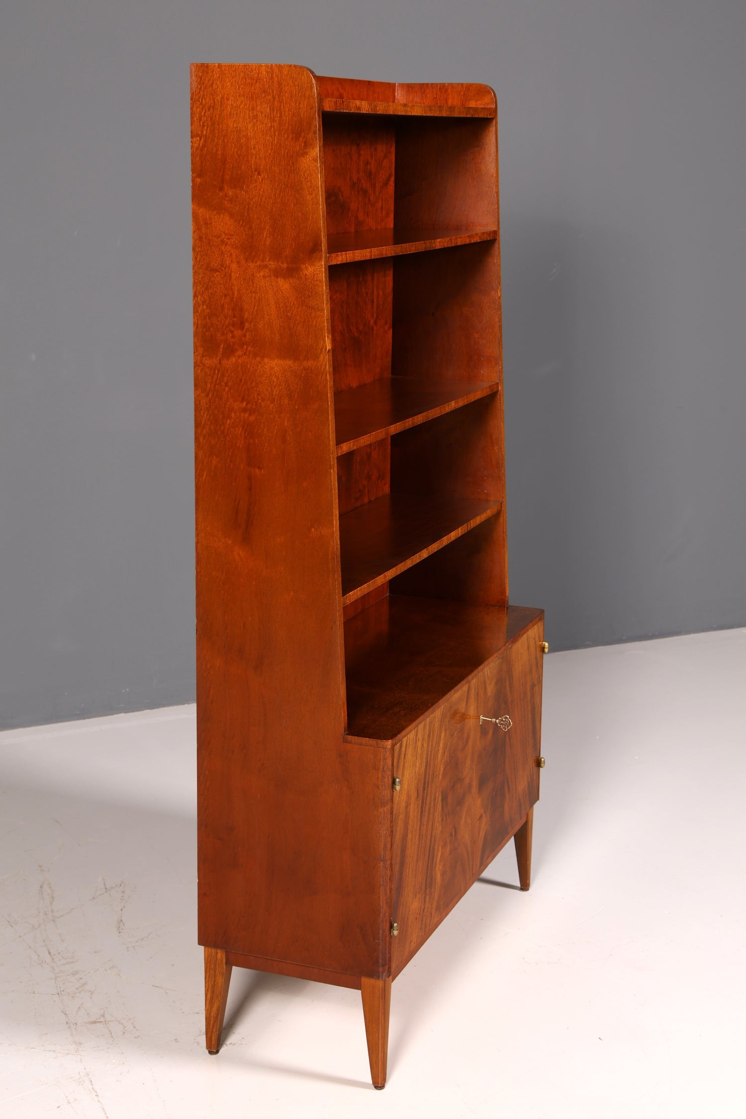 Simple mid-century bookcase, Danish design shelving cabinet, walnut, vintage retro 1960s wood