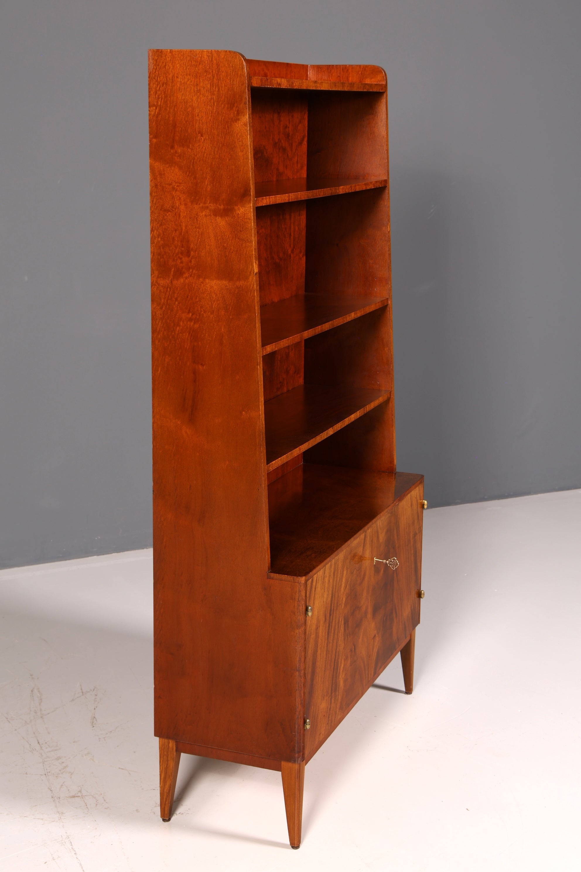 Simple mid-century bookcase, Danish design shelving cabinet, walnut, vintage retro 1960s wood
